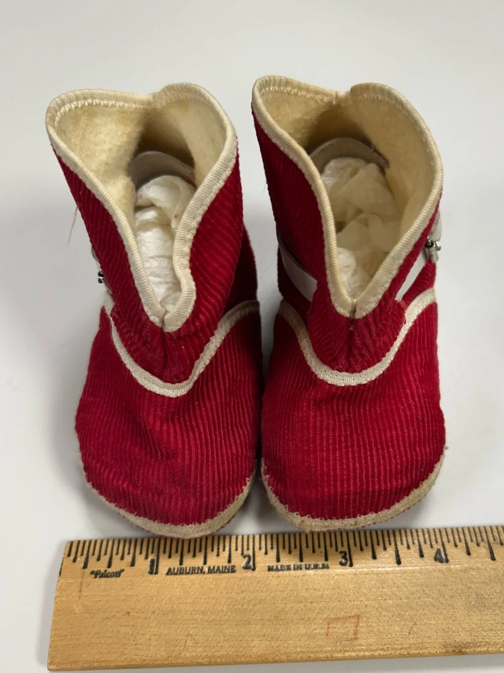 Vintage Corduroy Baby Crib Shoes with Cream Trim Leather Buckles